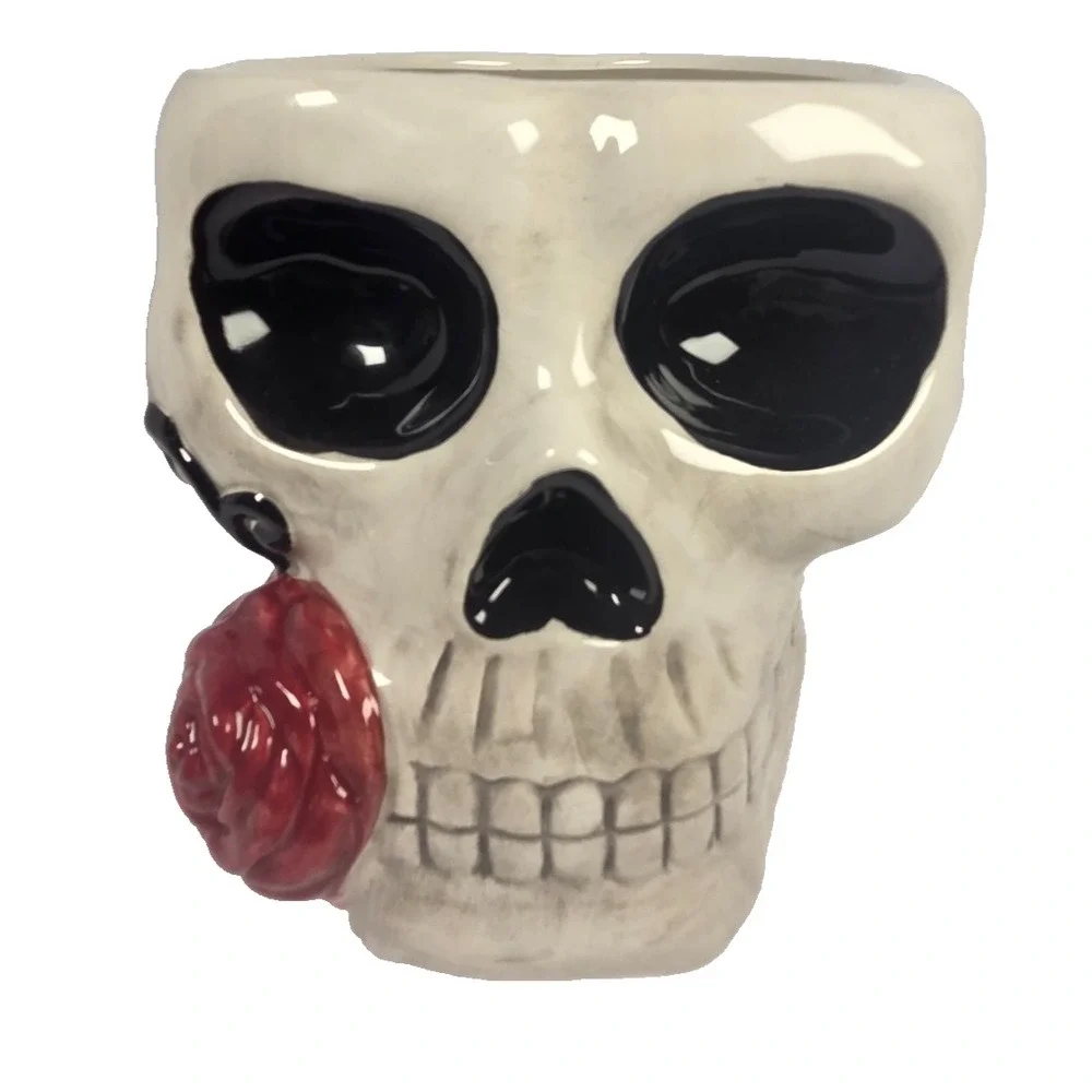Midnight Spell Skull Planter OS Ivory Red New Gothic Halloween Ceramic Decor